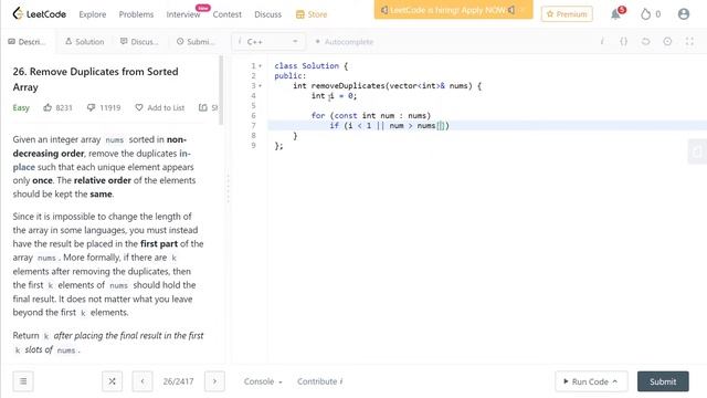 Remove Duplicates from Sorted Array | C++ | Leetcode Solution 26 #leetcodesolution смотреть онлайн