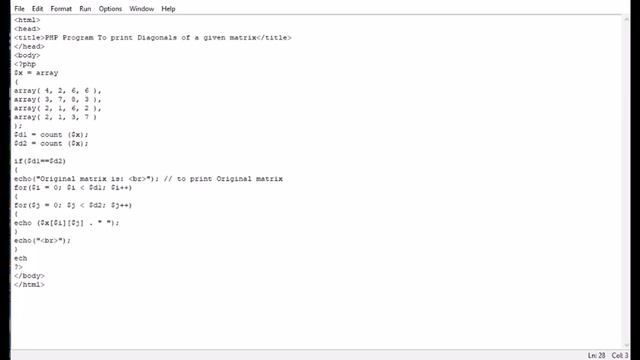 PHP Program To print Diagonals of a given matrix смотреть онлайн