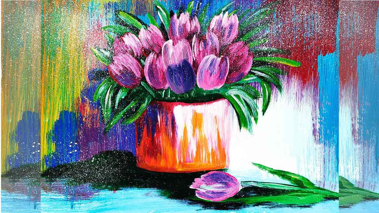 Как легко нарисовать букет тюльпанов, гуашью Рисуем тюльпаны поэтапно. Мастер класс, натюрморт. смотреть онлайн