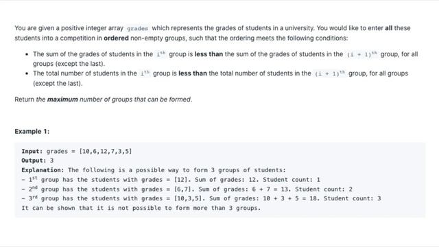 Maximum Number of Groups Entering a Competition - LeetCode 2358 - Java Solution смотреть онлайн