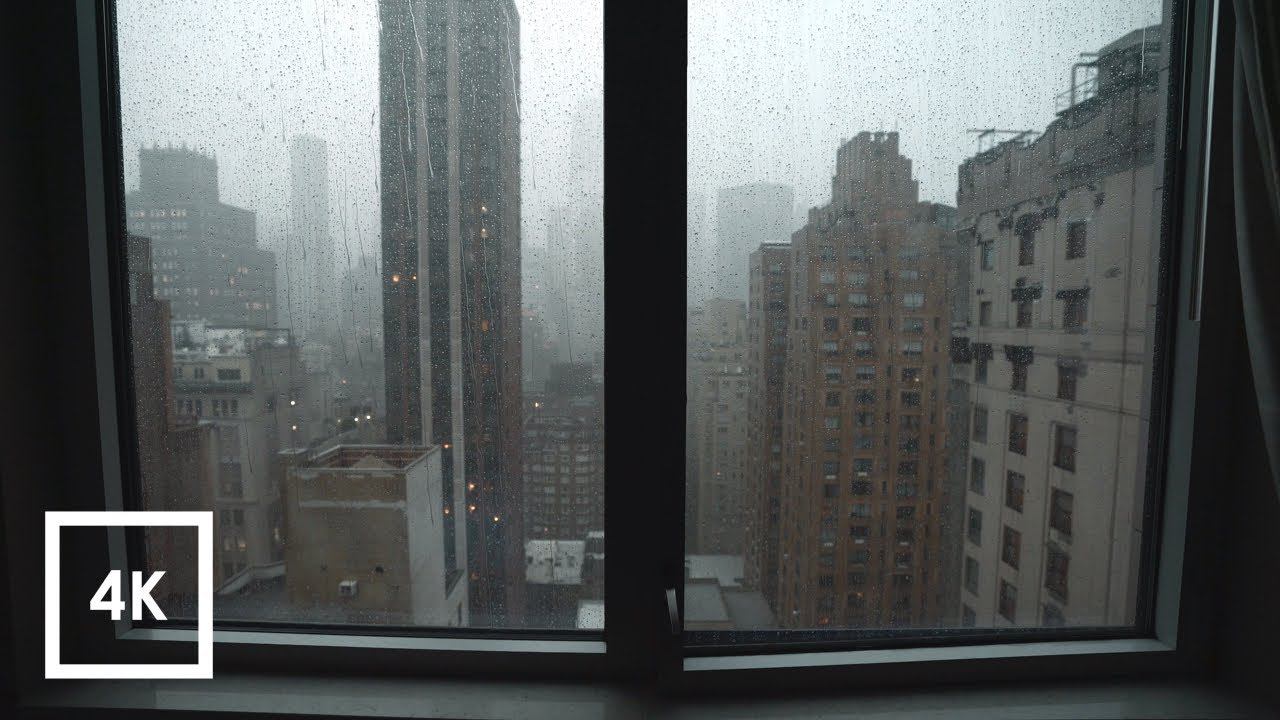 Manhattan View - City Rain Open WIndow City Sounds in New York City | 4k ASMR смотреть онлайн