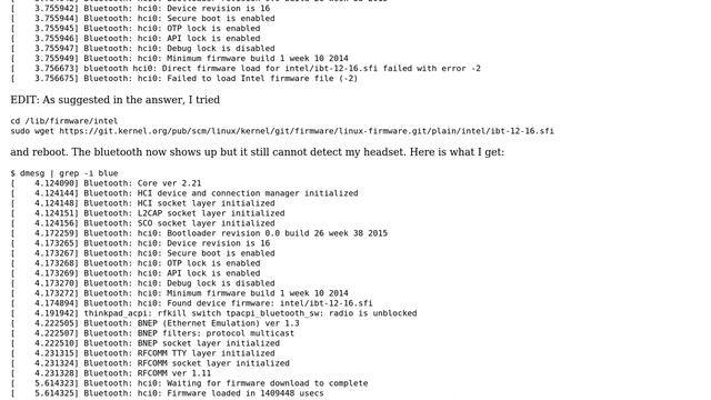 Bluetooth: where to get intel/ibt-12-16.sfi firmware for Ubuntu 14.04? (Thinkpad X1 Yoga Gen2) смотреть онлайн