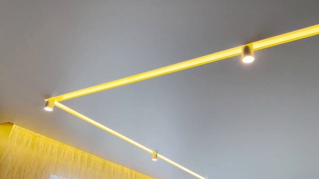 Матовый натяжной потолок со световыми линиями на мансарде и нишей Flexy со светильниками спотами смотреть онлайн