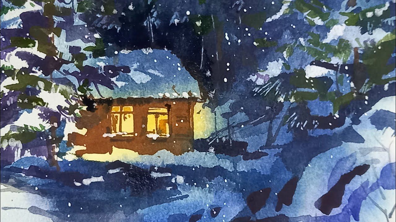 Снежная сказка, этюд акварелью смотреть онлайн