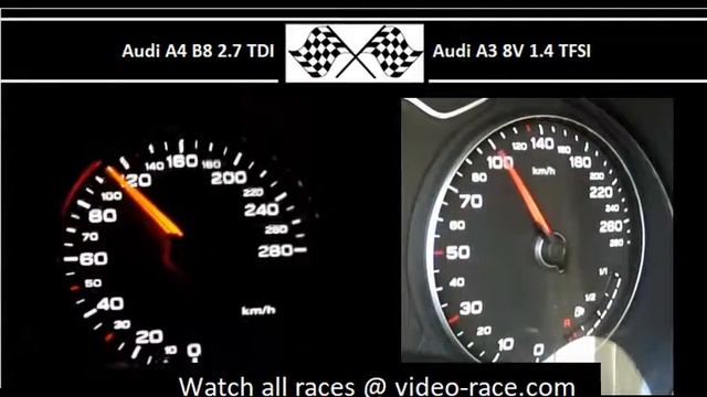 Audi A4 B8 2.7 TDI VS. Audi A3 8V 1.4 TFSI - Acceleration 0-100km/h смотреть онлайн