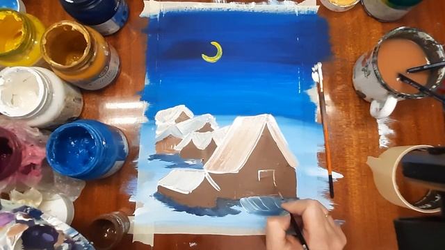 Нарисуем деревню в канун рождества. Рисуем деревню зимой. Зимний пейзаж гуашью. Деревенский домик. смотреть онлайн