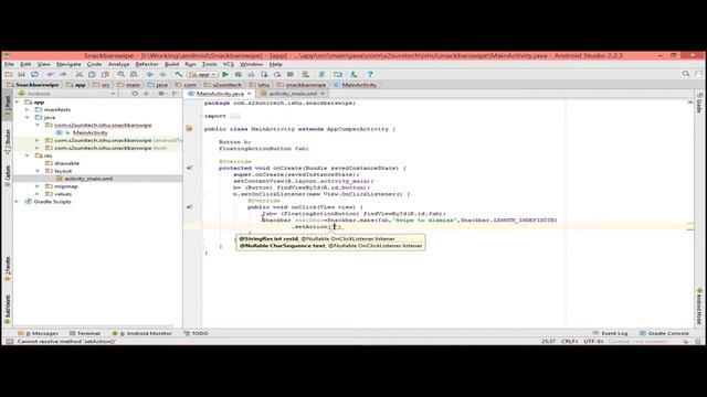 Snackbars android: Swipe to close snackbar anywhere / Snackbar not closing on swipe resolved androi смотреть онлайн