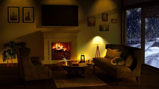Snowstorm Sounds With Fireplace Crackling / Звуки метели и треск камина