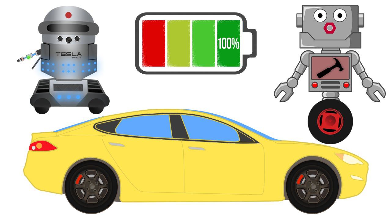 Автомеханик Роби и его новый помощник Робот Тесла ремонтируют электромобиль смотреть онлайн