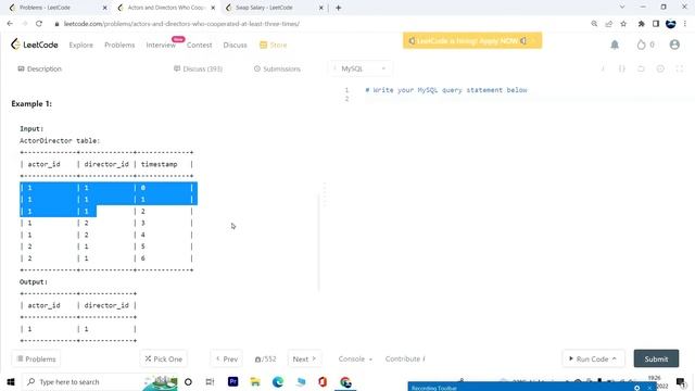 1050. Actors and Directors Who Cooperated At Least Three Times | Leetcode SQL Easy смотреть онлайн
