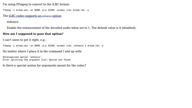 FFmpeg: passing an argument for a codec смотреть онлайн