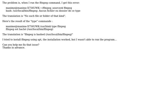 Unable to install ffmpeg after having compiled and uninstalled it смотреть онлайн