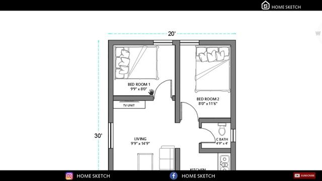 20x30 South Facing House Plan | 600 Sqft Area | 2 BHK | Home Sketch смотреть онлайн