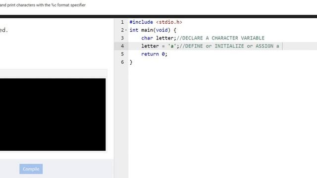 Declare, assign and print characters with the %c format specifier смотреть онлайн