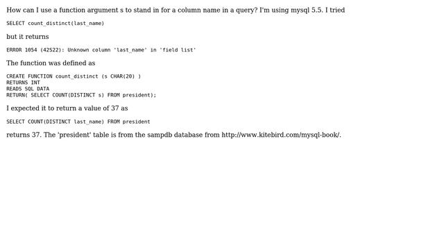 Databases: How to use MySQL stored function argument to refer to column name? смотреть онлайн