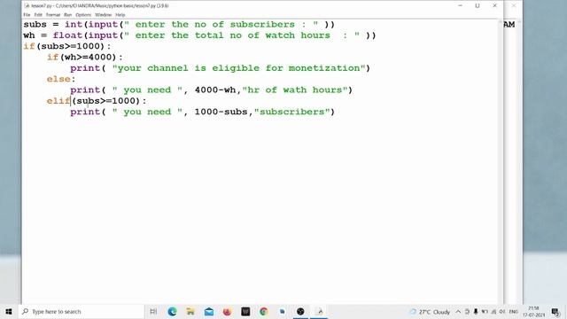 Lesson 7 YouTube monetization eligibility calculator using ( python nested if else) in HINDI смотреть онлайн