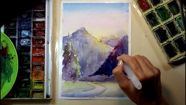 Как нарисовать горный пейзаж? Рисуем акварелью и цветными карандашами. смотреть онлайн