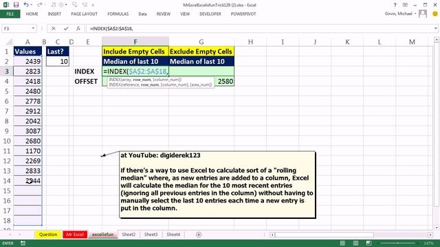 Mr Excel & excelisfun Trick 129: Dynamic Range Last Ten Numbers Column: OFFSET or INDEX Formula? смотреть онлайн