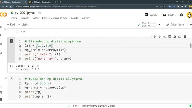 Python 202 - Numpy | mevcut değerlerden dizi oluşturma | np.array() смотреть онлайн