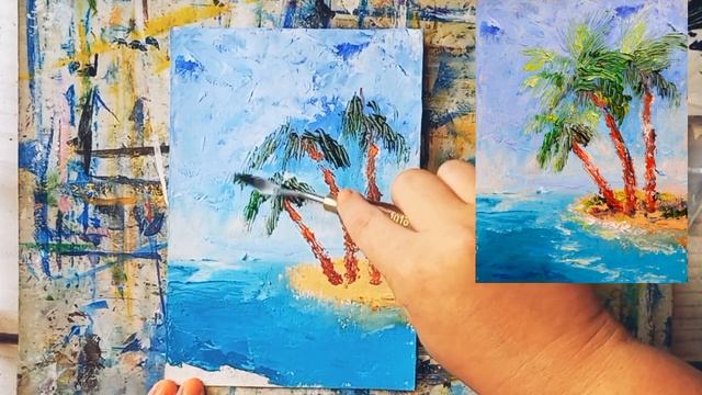 Рисуем маслом и мастихином солнечный пляж с пальмами. Летний пейзаж за 25 минут от Yalozik ART. смотреть онлайн