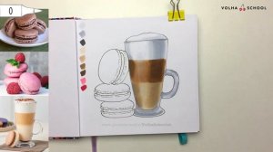 Как нарисовать кофе латте и пирожные макарон? / Урок по рисованию маркерами для новичков #37