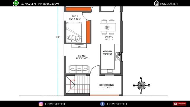 20x40 South Facing House Plan | 800 Sqft Area | 2 BHK | Home Sketch смотреть онлайн