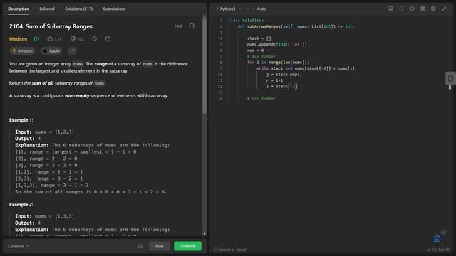 [ LeetCode ] Sum of Subarray Ranges | Coding | Python смотреть онлайн