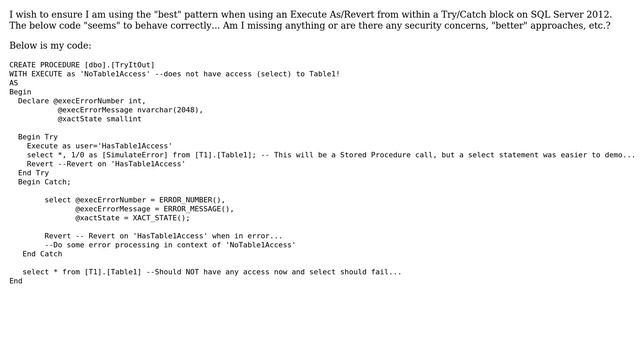 Code Review: SQL Server 'Execute As'/Revert pattern in a 'Try/Catch' Block смотреть онлайн