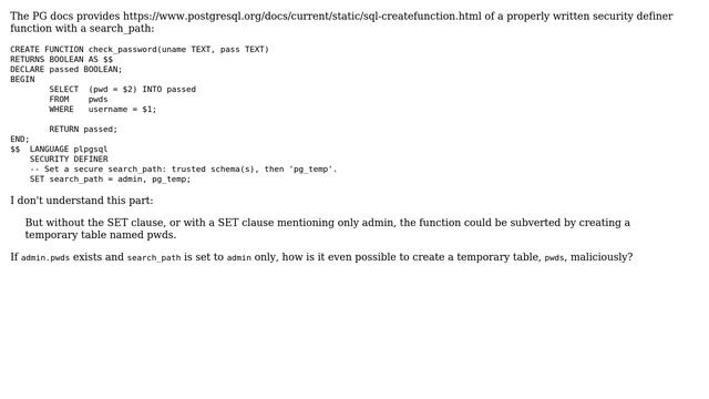 Databases: How could a "SECURITY DEFINER" function in PG be insecure with an improper search_path? смотреть онлайн