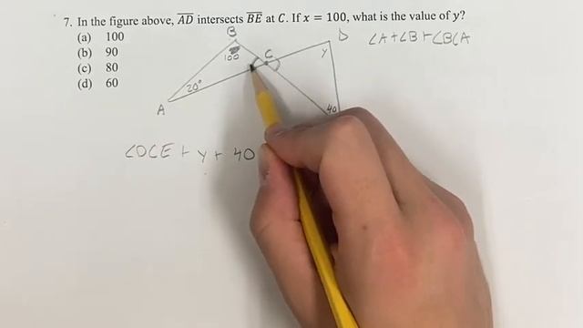 7. In the figure above, (AD) intersects (BE) at C. If x=100, what is the value of y? смотреть онлайн