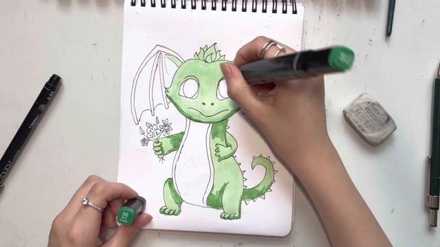 Рисование маркерами. Как нарисовать милого дракончика. Пошаговый урок. смотреть онлайн