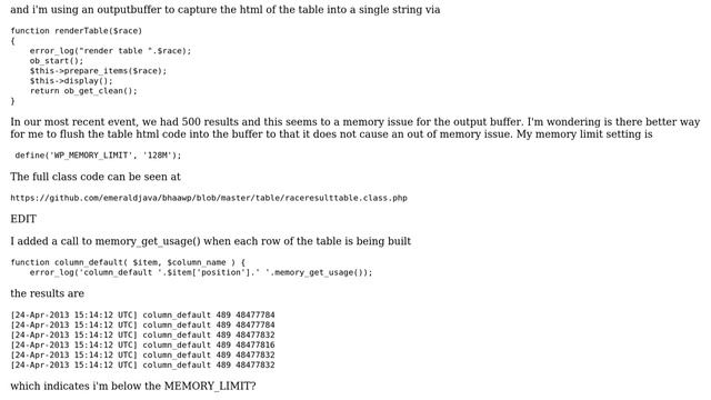 Wordpress: WP_Table_List and ob_start() memory limit смотреть онлайн