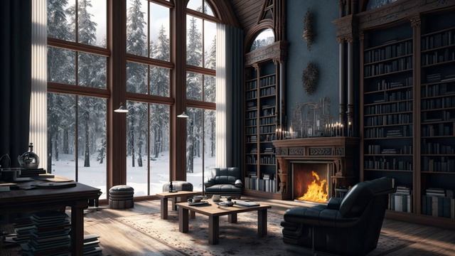 Читайте спокойно в уютной библиотеке с видом на заснеженный лес смотреть онлайн