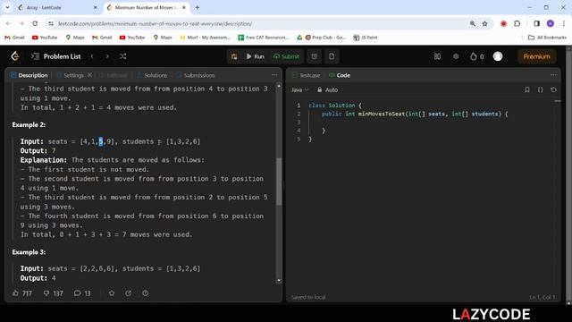LeetCode in Java | Problem in Arrays : Easy Question | Minimum Number of Moves to Seat Everyone смотреть онлайн