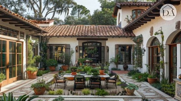 Mediterranean Guest House with Courtyard Patio, Lush Greenery & Water Feature Oasis