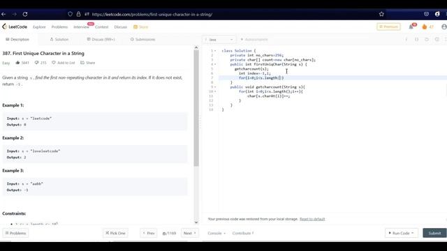 387. First Unique Character in a String | java | leetcode 387 смотреть онлайн