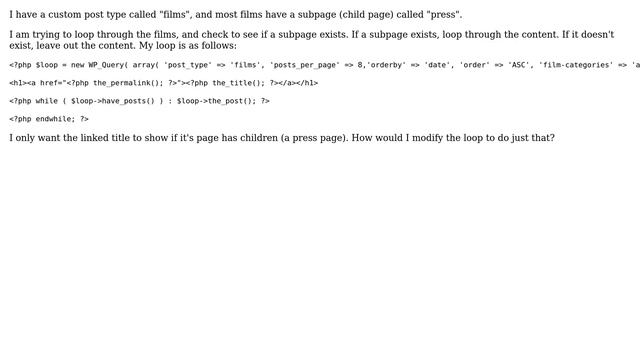 Wordpress: Only looping through pages that have children or subpages смотреть онлайн