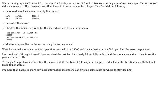Centos running Apache Tomcat keep getting "java.net.SocketException: Too many open files" смотреть онлайн
