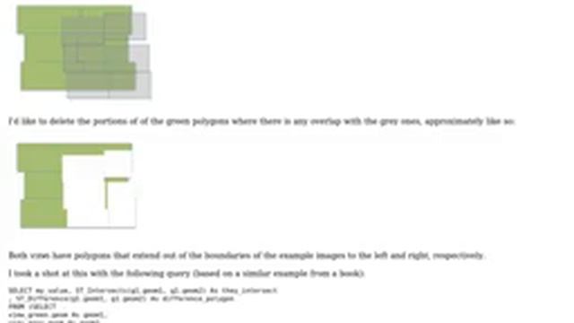 Find and remove portions of polygons from one geometry column that overlap from another geometry... смотреть онлайн