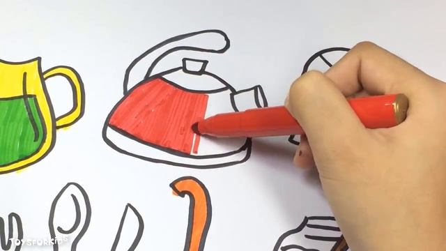 Как рисовать кухонный гарнитур для девочек, раскраски страниц Посуда, варенье и сок, художественные
