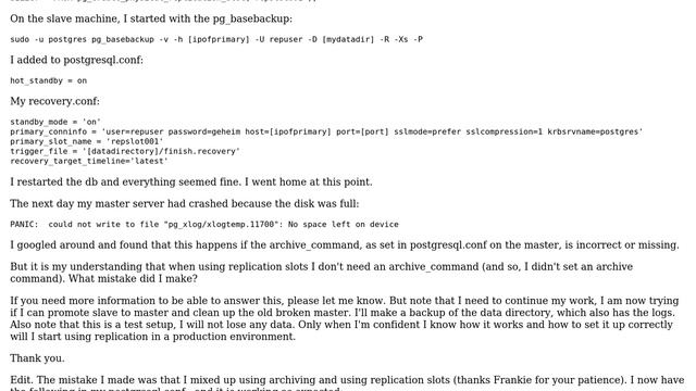 Postgres 9.5 xlog fills all disk space in replication setup with replication slot смотреть онлайн