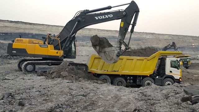 Volvo EC480DL Excavator Loading Scania Tippers In Mines