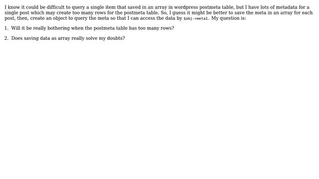 Wordpress: Wordpress postmeta: Store data as an array or single item? смотреть онлайн