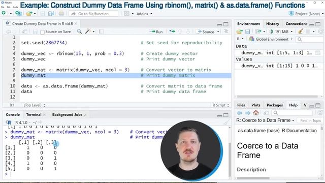 Create Dummy Data Frame in R (Example) | Construct Binary 1/0 Columns | rbinom & matrix Functions смотреть онлайн