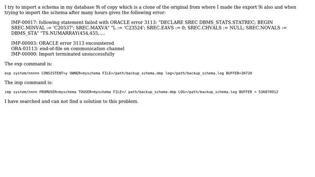 Databases: Oracle 9i import error IMP-00017: following statement failed with ORACLE error 3113 смотреть онлайн