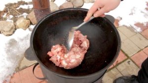 Гречка по-купечески со свининой в казане на костре