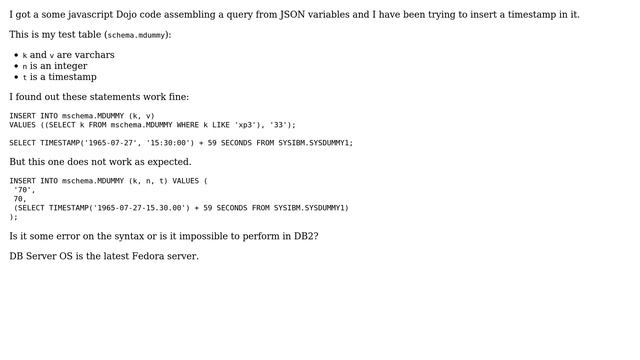 Databases: DB2 - Inserting a timestamp operation result in a timestamp field смотреть онлайн