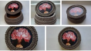 Корзинка круглая "Дама" вязаная крючком с деревянным донышком и крышкой из 4 мм шнура.