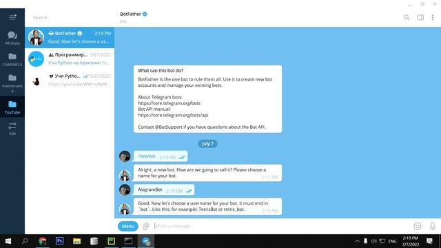 СОЗДАНИЕ ПРОСТОГО ТЕЛЕГРАМ БОТА # Урок 0 - AIOGRAM (для чайников) - ПРОГРАММИРОВАНИЕ ПО ПЛЕЙЛИСТА смотреть онлайн