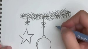 Как нарисовать ёлку ветку с игрушками/ How to draw a Christmas tree branch with toys